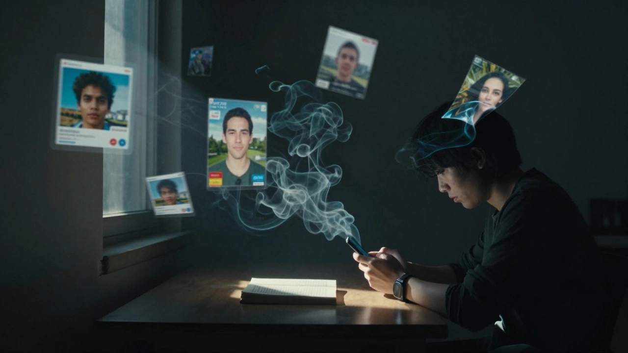 Person scrolling on phone surrounded by flickering digital images in a dark room