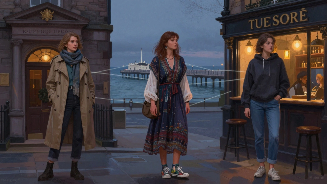 Three women in regional styles stand in their city settings: Edinburgh, Brighton, and Manchester, connected by glowing threads.
